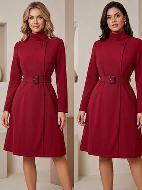NWOT Mooyius Burgundy/Red High-Neck Asymmetrical Belted A-Line Dress Size Small